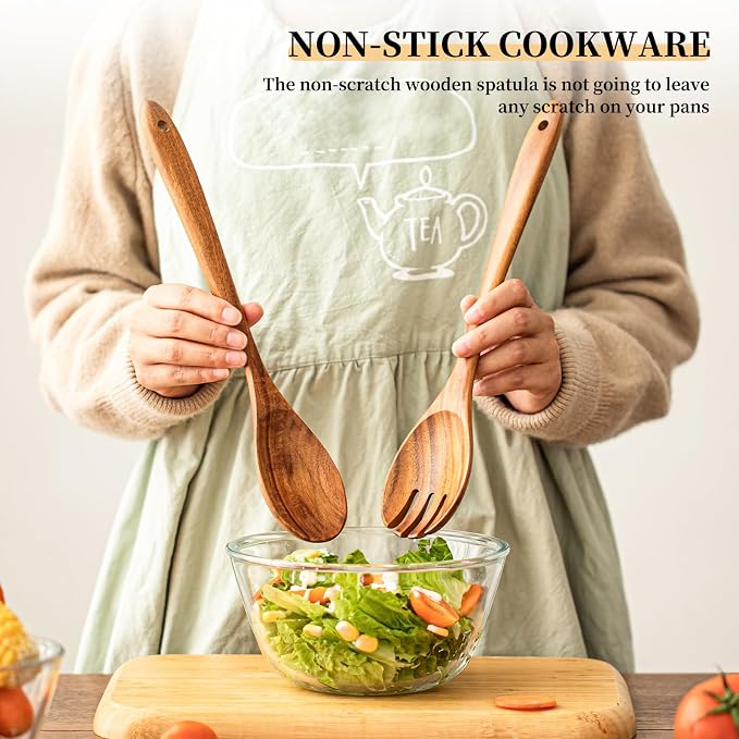 Gudamaye Acacia Wooden Salad Server Set, 13 inch Salad Tongs - Image 7