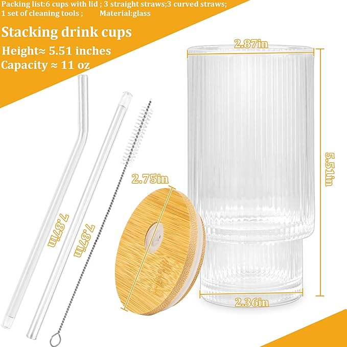 8 Pcs 11oz Ribbed Glass Cups - Image 3