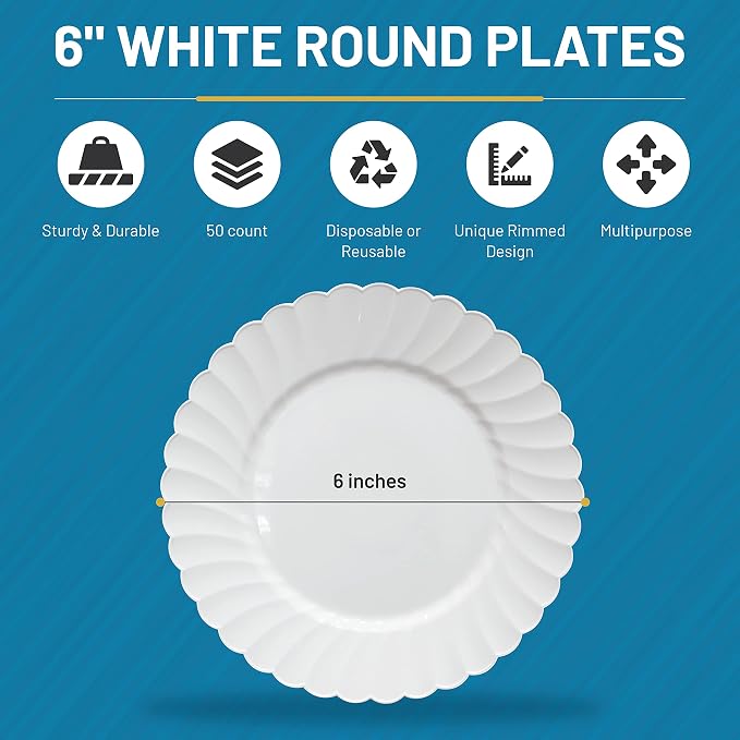 Premium Hard Plastic Round White Plates – 50 x 6” -Washable & Reusable - Image 6