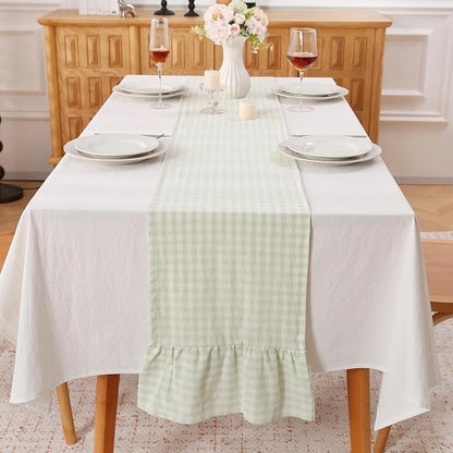 Pile Green White Plaid Gingham Ruffle Table Runner 72 inches Long 100% Washed by KMASANIJI