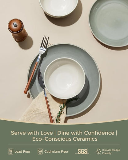 Plates and Bowls Sets for 8, 24 Piece Dinnerware Set for Large Families & Entertaining, Elegant Design, Dishwasher & Microwave Safe, Chip Resistant and Durable, Gray Green
