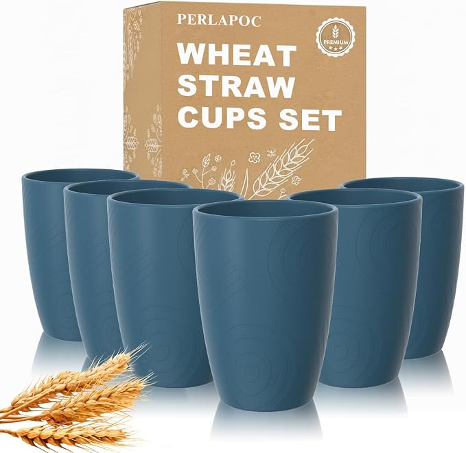 Wheat Straw Cups, Unbreakable Reusable Plastic Cup Set of 6, Lightweight by Perlapoc