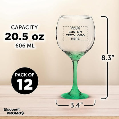 Custom Premiere Wedding Wine Glasses 20.5 oz Set of 12, Personalized Bulk Pack - Restaurant Glassware, Perfect for Red Wine or White Wine - Green
