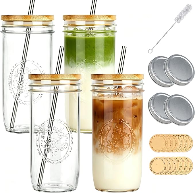 Magicsky 24 oz Glass Cups Iced Coffee Mason Jar Tumbler by MAGICSKY