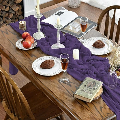 Artoid Mode Boho Cheesecloth Gauze Purple Wedding Table Runner, 120 Inch - Image 2