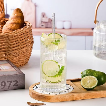 WHJY Ribbed Glassware Highball Glasses Unique Everyday Drinking Glasses Short Glasses Cups Set of 4 for Cocktail, Whiskey, Beer, Juice - 8.8oz 3.7"