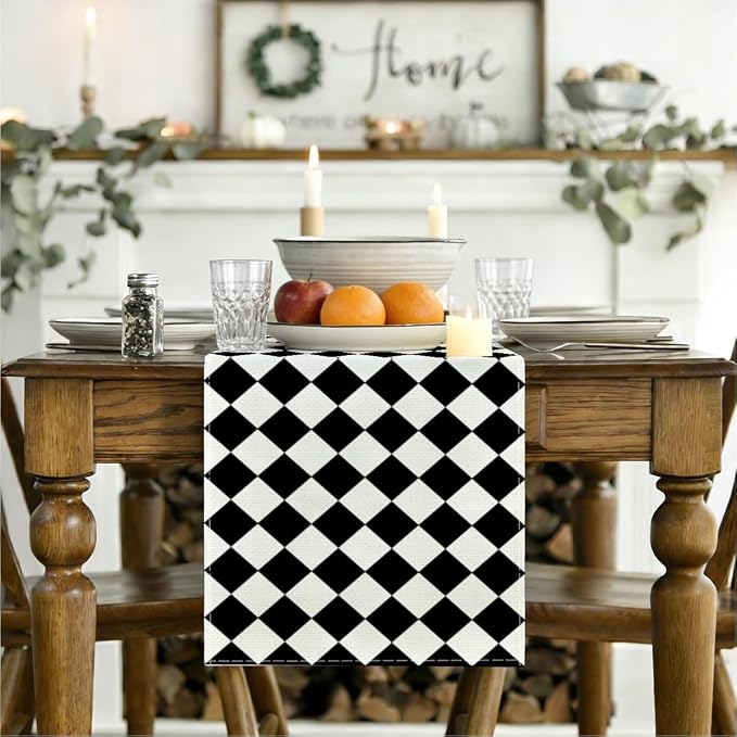Black Beige Diamond Plaid Table Runner, Home Farmhouse Dining Halloween | Long - Image 3