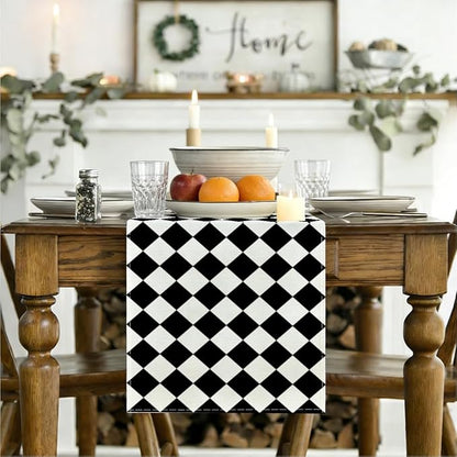 Black Beige Diamond Plaid Table Runner, Home Farmhouse Dining Halloween | Long - Image 3