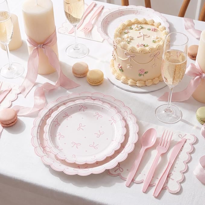Natnarr 25 Set Pink Bow Birthday Decorations Cute Bow Plates Napkins Set | 9" - Image 3