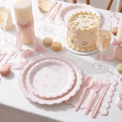 Natnarr 25 Set Pink Bow Birthday Decorations Cute Bow Plates Napkins Set | 9" - Image 3