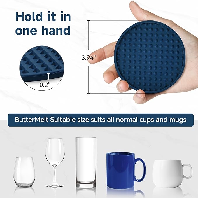 Coasters for Drinks, Silicone Coasters Set of 6 with Metal Holder, Outdoor Coaster for Coffee Table, Non-Slip Rubber Table Cup Mat Desk, Heat Resistant & Scratch-Proof (Navy Blue)