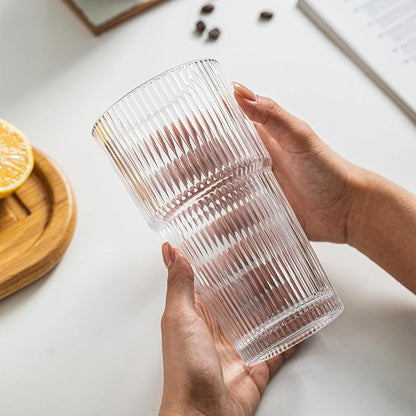 INSETLAN 20oz Ribbed Glass Tumbler, Iced Coffee Cups - Image 8