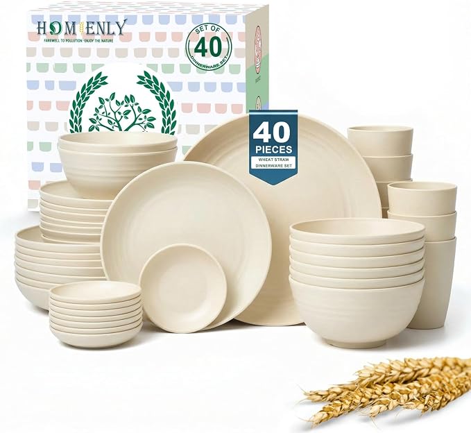 Wheat Straw Dinnerware Sets 40 PCS Plates and Bowls Sets by HOMIENLY