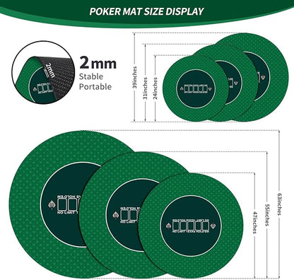 nuveti 24/31/47/55/63inch Round Poker Mat for Texas Holdem | Portable Poker Table Top with Art Deco Layout Print 6-8 Player Game Layout Mat to Play Cards, Poker Games, Blackjack, Casino