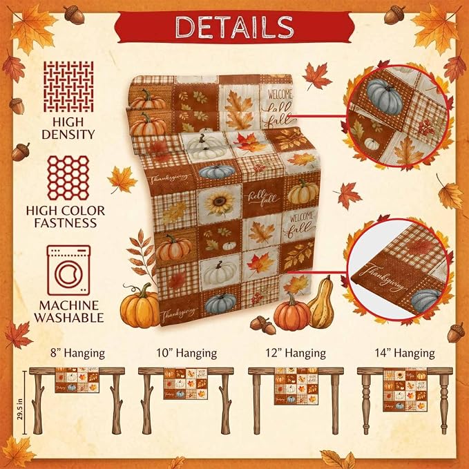Fall Checkered Table Runner 72 Inches Long, Thanksgiving Pumpkins Table Runners - Image 5