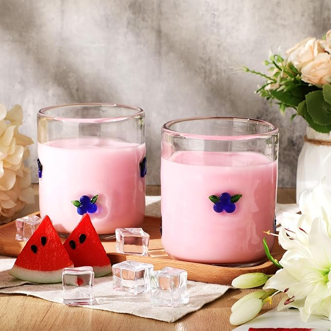 Icon Juice Glasses, 14oz Stemless Wine Drinking Juice Glass Cup for Valentine Party Supplies Gift(2 Pcs,Blueberry)