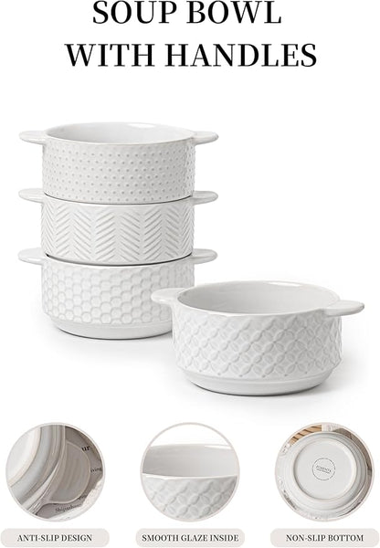 Soup Bowls with Handles, 20oz Embossed Ceramic Bowl Set of 4 – Oven & Microwave Safe, Ideal for Stew, Chili, Cereal – Textured Deep Bowls for Everyday Comfort