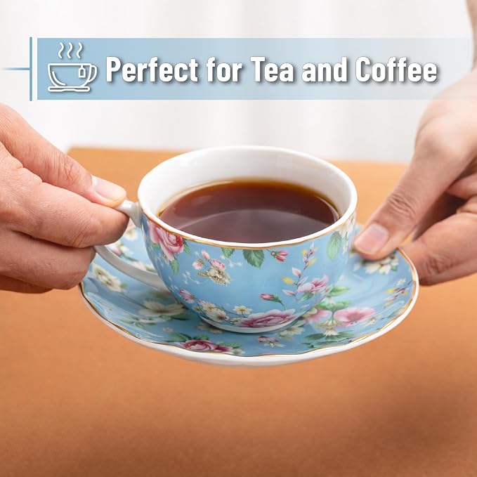 BTaT- Floral Tea Cups and Saucers, 7 oz, Fine Porcelain Teacup Set - Image 4