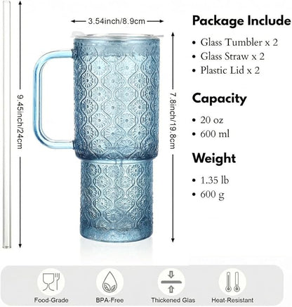 20 oz Blue Glass Tumbler with Lid and Straw, Glass Iced Coffee Cups, - Image 7