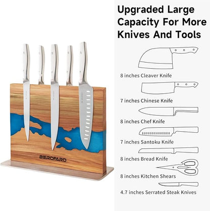 Resin River Magnetic Knife Block with Steel Base, Double-Sided Acacia Wood Knife Holder for Chef Knives, Modern Kitchen Organizer