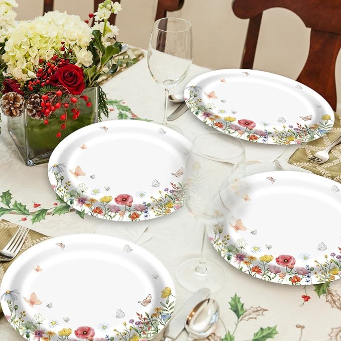 Floral Oval Paper Plates 10’’x 12’’, Large Disposable Heavy Duty Oval Paper Plates Dinner Size for Birthday Wedding Bridal Baby Shower Tea Party Supplies, 50 Guests