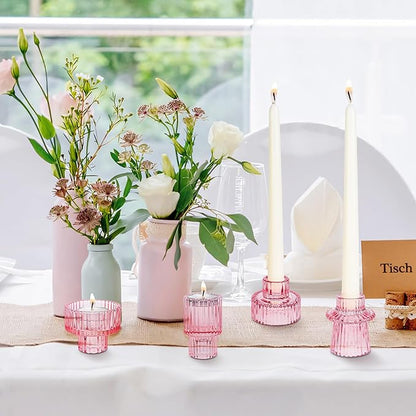Taper Votive Candle Holder for Pillar Candles Tealight, Candlestick Holder for Wedding Christmas Tea Party, Boho Ribbed Vintage Crystal Glass Table Centerpiece Decor, Bulk Set of 6 (Pink)
