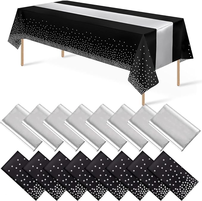 16Pack Disposable Plastic Tablecloths and Satin Table Runner Set Black and by MASHAN