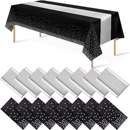 16Pack Disposable Plastic Tablecloths and Satin Table Runner Set Black and by MASHAN