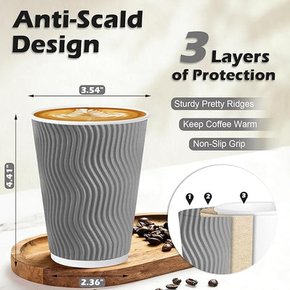 500 Pack 12 oz Coffee Cups, Disposable Corrugated Insulated Ripple Wall Paper Coffee Cups 12oz for Hot or Cold Drinks Office Home Cafe Party Travel (Grey)