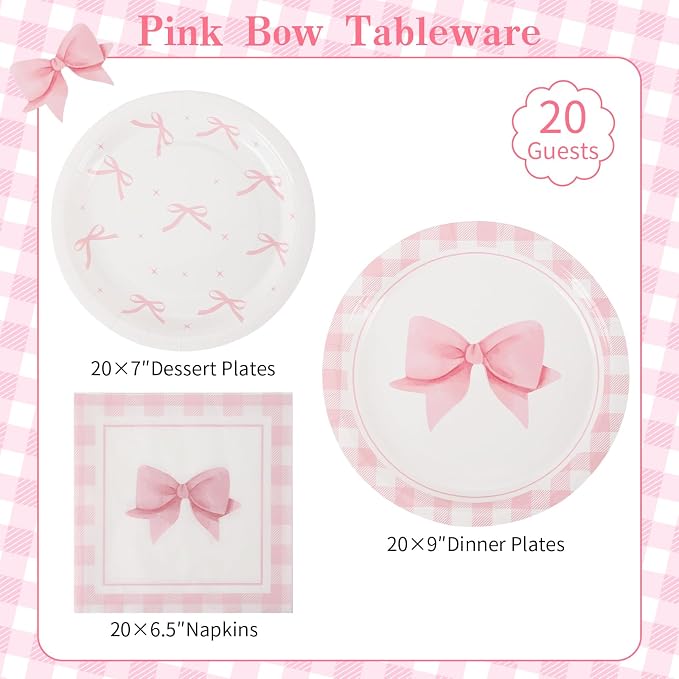 60PCS Pink Bow Paper Plates and Napkins Party Supplies Serve 20 | Disposable - Image 2