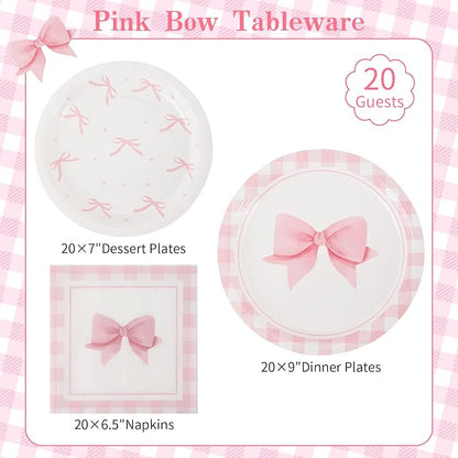 60PCS Pink Bow Paper Plates and Napkins Party Supplies Serve 20 | Disposable - Image 2