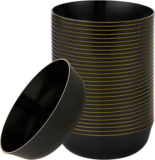 [30 Pack 16 OZ Bowls] Edge Collection Black with Gold Rim Plastic Party Soup Bowls Premium heavyweight Elegant Disposable Tableware Dishes