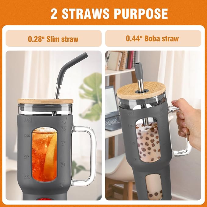 WINSA Glass Tumbler with Lid and Straw, 46 oz | Iced Coffee Cup with Handle - Image 2