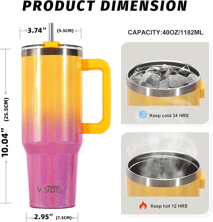 40 oz Shiny Tumbler with Handle and Straw, Stainless Steel Tumbler with Lid and - Image 2