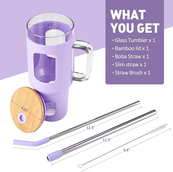 WINSA Glass Tumbler with Straw and Lid, 40 oz, Glass Water Bottles with Time - Image 3