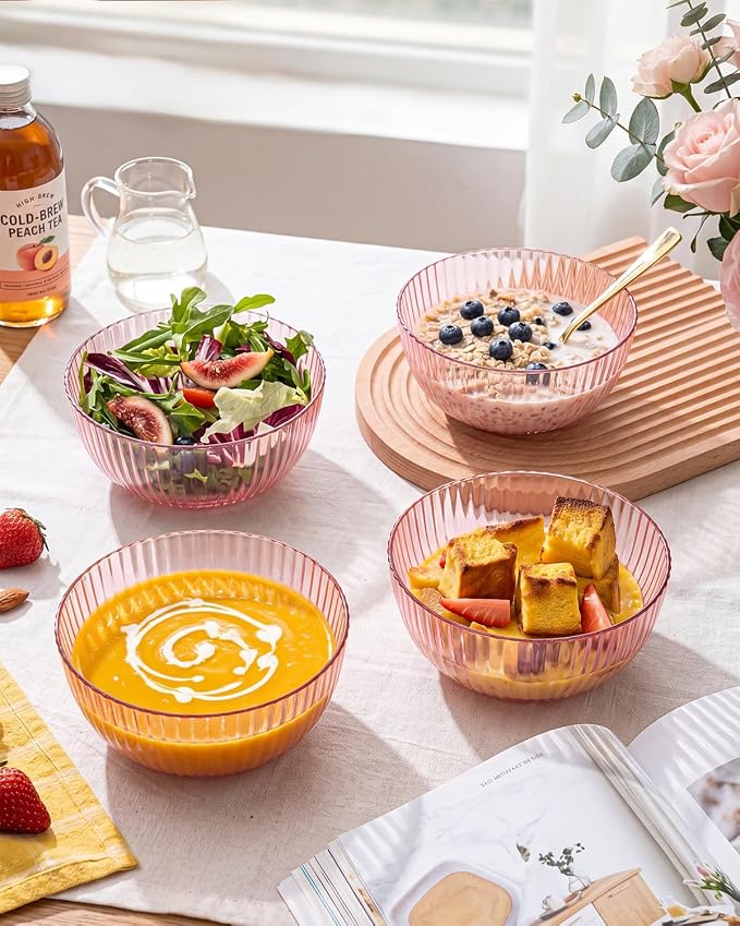 bUCLA 12 PCS Plastic Cereal Bowls Set - 28 Oz Clear Pink Disposable Vertical - Image 3