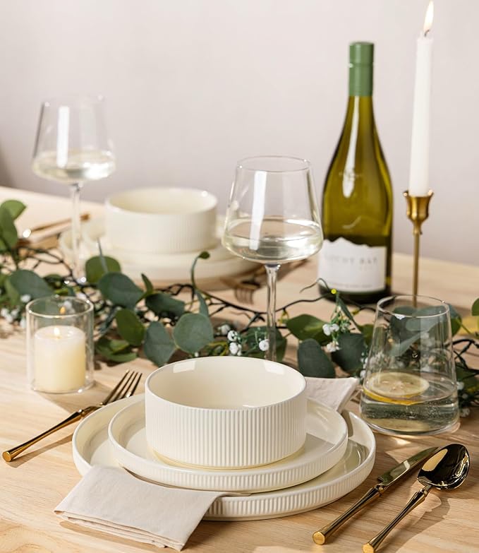 TheTerra Ceramic Dinnerware Sets with Pasta Bowls for 4, 16 Pieces Porcelain Lightweight Speckled Plates and Bowls Sets, Scratch Resistant Dish Set, Oven & Microwave & Dishwasher Safe, Beige