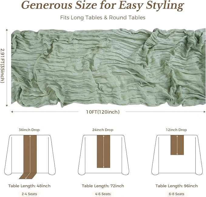 10 Pack Sage Green Cheesecloth Gauze Table Runners, 35x120 Inch | Extra Wide - Image 4