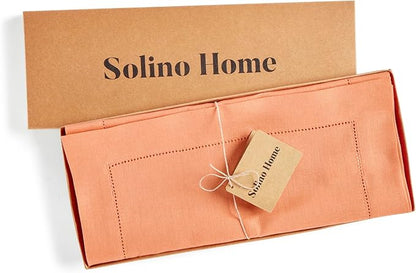 Solino Home Linen Tablecloth for Rectangle Tables 60 x 108 Inch - Classic Hemstitch 100% Pure Linen Coral Table Cloth - Machine Washable Cloth Tablecloth for Valentines, Spring, Easter