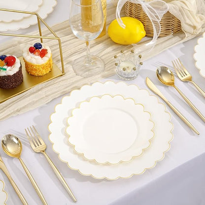 LIYH 120 Pcs Ivory Scalloped Plastic Plates Disposable - Ivory and Gold Plastic Plates - Gold Fancy Disposable Party Dinner & Dessert Plate for Wedding Birthday Valentines Day