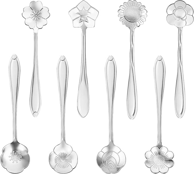 8-Piece Silvery Flower Tea Spoon Set | Stainless steel gold spoons; by Unknown