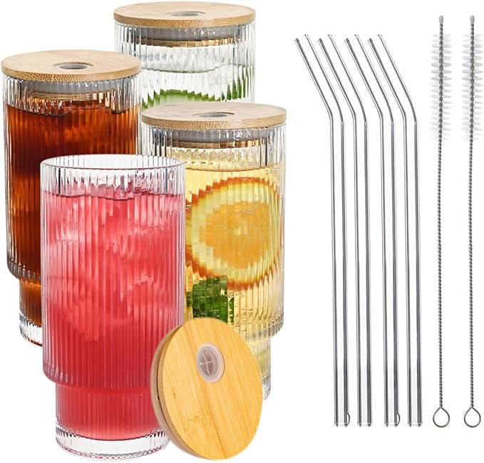Drinking Glasses with Bamboo Lids and Glass Straw 4pcs Set, 16oz Glass Tumbler by Unknown