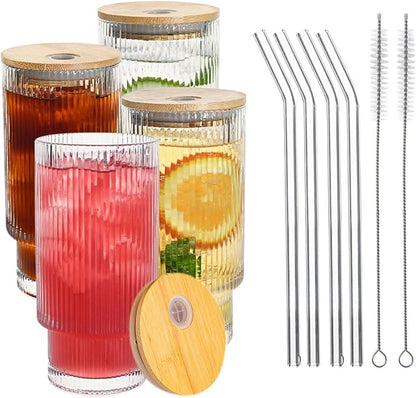 Drinking Glasses with Bamboo Lids and Glass Straw 4pcs Set, 16oz Glass Tumbler by Unknown