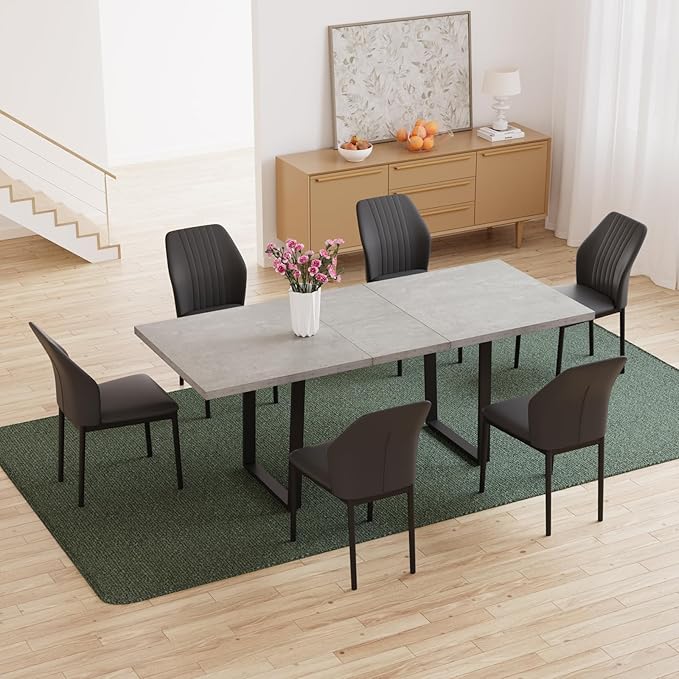 ZckyCine Modern Mid-Century Dining Table Set for 6-8 People Kitchen Dining Room Table Set Extendable Wood Dining Table and 6 Upholstered Chairs, Home Kitchen Furniture