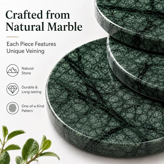 Green Marble Coasters Set of 4, Natural Emerald Stone Drink Coasters - Image 4