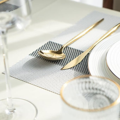 Placemats Set of 12 Vinyl/Plastic Woven Place Mats for Kitchen Table Indoor/Outdoor Washable Placemat Wipeable Dining Table Mats (Silver Cube,12)