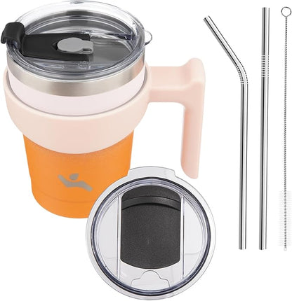 Konokyo 10 oz Tumbler with Handle and Straw, Insulated Travel Mug | Coral; by Konokyo