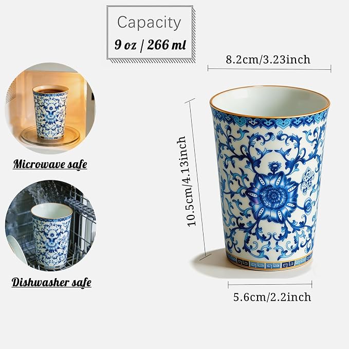 Blue and White Porcelain Coffee Cups, 9 oz Floral Tea Cups Set of 2 | No Handles - Image 4