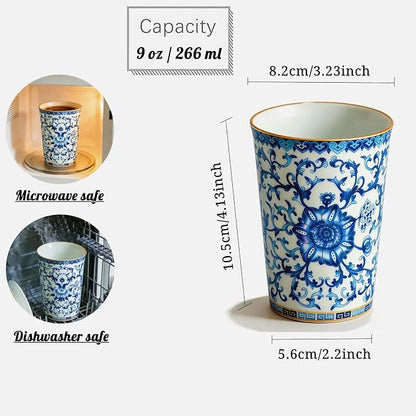 Blue and White Porcelain Coffee Cups, 9 oz Floral Tea Cups Set of 2 | No Handles - Image 4