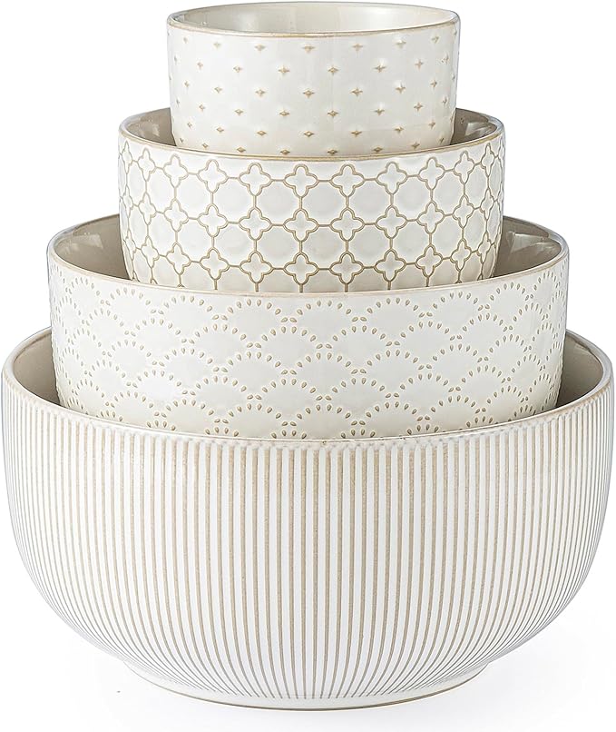 Mikiegy Ceramic Mixing Bowls Set of 4, Nesting Ceramic Embossment Stoneware by MIKIGEY